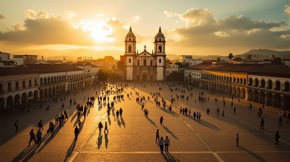 Plaza latinoamericana viva al atardecer