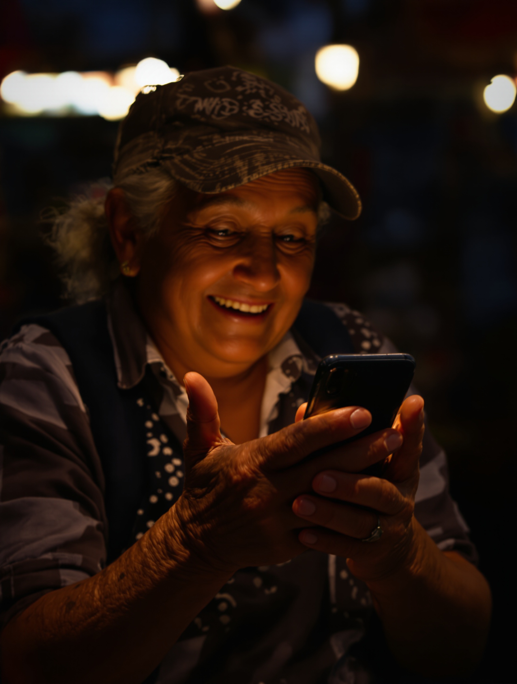 Vendedora de mercado sonriendo al leer su teléfono, iluminada por el brillo cálido de la pantalla